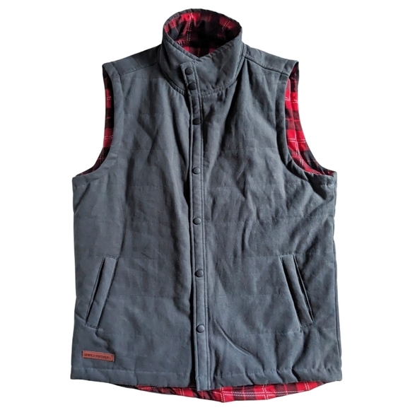 Simply Southern Men's MEDIUM Gray Red Plaid Quilted Snap Front Vest w/Pockets - Picture 2 of 7